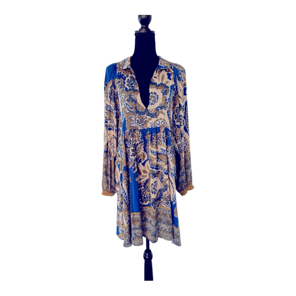 Free People Blue and Cream Paisley Long Sleeve Dress